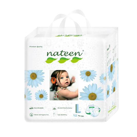 Pañales Nateen etapa 4 biodegradables, hasta 12 horas de absorción sin disruptores endocrinos.